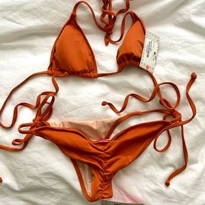 Doll Orange Tie Up Bikini Set Size Small Triangle Bra Ruched Bottoms NWT